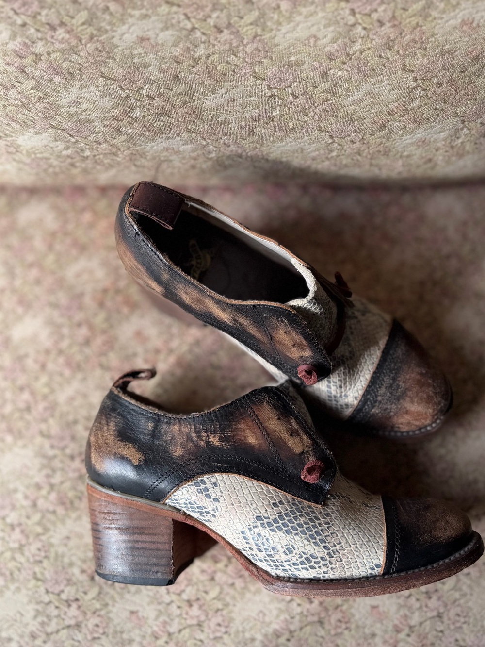freebird Two-Tone Brown & Cream Heeled Ankle Shoes